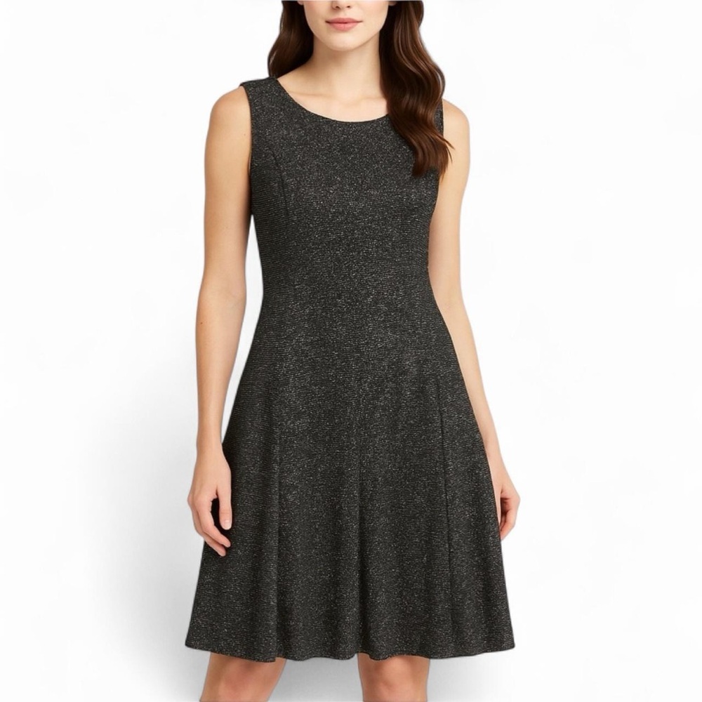 Gabby Skye Metallic Knit Fit & Flare Dress Silver Black 14W